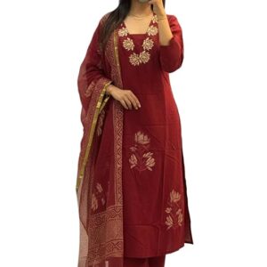Women's Straight fit Printed Embroidered Kurta with Pant & Dupatta